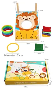 Detailed size specifications for kids lion theme bean bag toss and ring game set