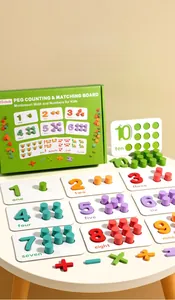 Detailed Montessori wooden math board showing colorful counting cylinders and numbers