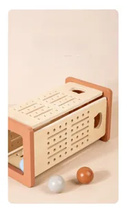 Detailed macro view of high-quality wooden educational toy with colorful beads and holes