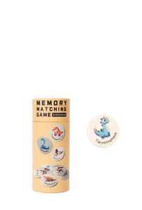 Close-up of wooden dinosaur memory game pieces with a yellow storage container