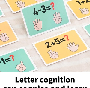 Educational math flashcards for kids showing arithmetic problems and hand counting gestures