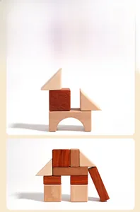 Solid wood geometric blocks building a dog and elephant shape on a white background