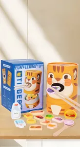 Kids wooden feeding toy set with tiger container, utensils, and 30 food pieces
