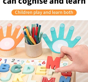 Macro view of wooden educational puzzle blocks with alphabet and number learning pieces