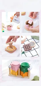 Macro view of colorful wooden play tea set showing teapot, cups and smooth textures