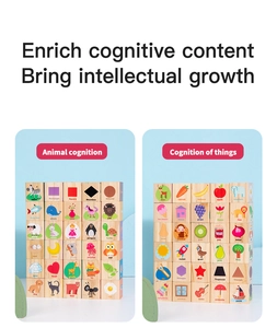 Detailed view of wooden blocks showing animal and object patterns with English words