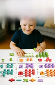 Close-up of wooden Montessori counting boards with colorful pegs for math learning