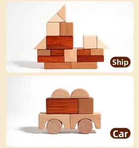 Detailed view of solid wood building blocks shaped like creative ship and car models