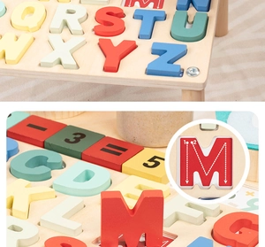 Macro detail of educational wooden puzzle with colorful 3D letters and writing guides