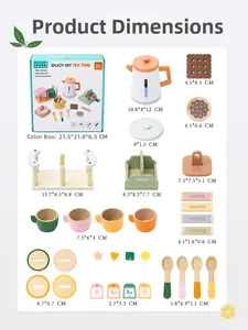 Detailed size chart showing dimensions for wooden tea set toys including cups and teapot