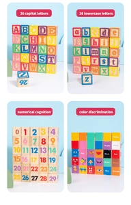Detail of wooden blocks for alphabet, numbers, and color learning for preschool kids