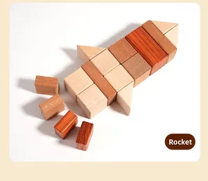 Macro shot of creative wooden rocket building blocks with multi-tone natural finishes