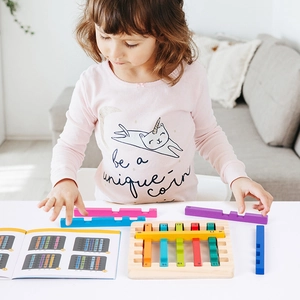 Rainbow wooden logic matching toy for kids with colorful numbered bars and guide book