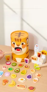 Toddler educational wooden tiger feeding game with colorful food pieces and cutlery