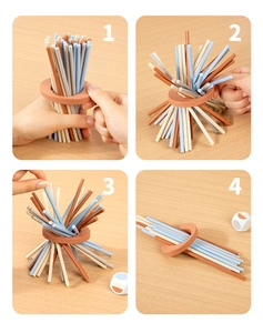 Detail steps of wooden balancing stick game showing assembly and color components
