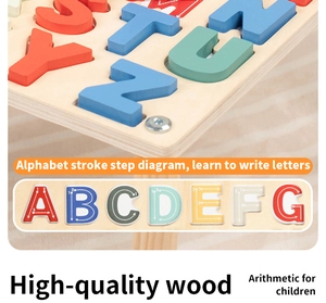 Detail of wooden alphabet puzzle with stroke order diagrams for children's writing