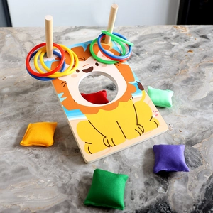 2-in-1 wooden lion toss game set with bean bags and colorful rings for kids' agility training