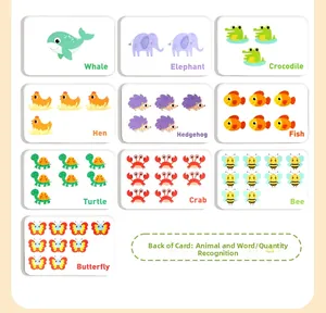 Close-up of animal flashcards with English names and numbers for early learning