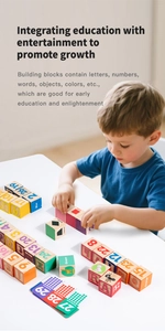 Detail shot of a toddler playing with colorful wooden alphabet and number learning blocks