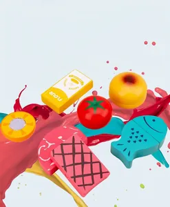 Détail d'aliments de jeu en bois colorés avec peinture à l'eau sûre pour enfants