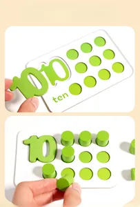 Macro shot of Montessori wooden math toy showing number ten with matching green counting pegs