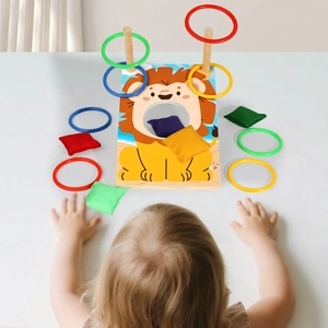 Children's wooden lion bean bag toss and ring game set for educational indoor play
