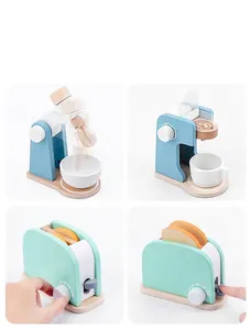 Détail de jouets de cuisine en bois avec boutons rotatifs et couleurs Morandi