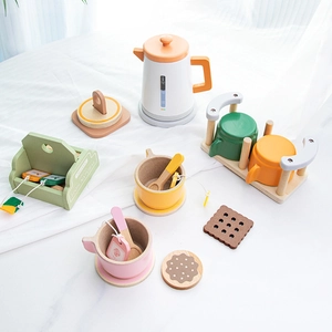 Wooden Afternoon Tea Toy For Girls Kids Pretend Play Kitchen Kettle Cups Saucers Tea Bags Biscuits Educational Role Play Gift