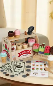 Detail of wooden toy ice cream stand with assorted colorful scoops and play money accessories