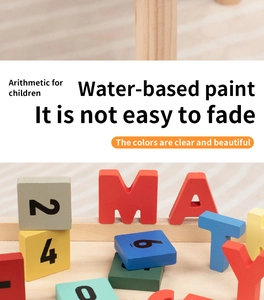 Macro shot of colorful wooden blocks with numbers and letters for children arithmetic learning