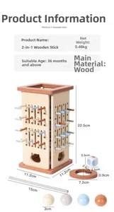 Detailed view of wooden logic game components with dimensions of tower and colorful sticks