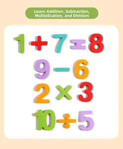 Close-up of rainbow wooden numbers and arithmetic symbols for math learning