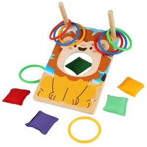 2-in-1 children's wooden toss game set with lion board, colorful rings and bean bags