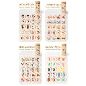 Educational wooden memory match game set featuring animals, transport, and dinosaur themes