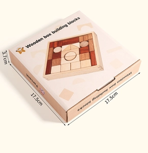 Macro detail of wooden building blocks in various shapes with a square storage tray