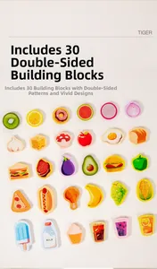 Close-up of 30 double-sided wooden blocks featuring colorful fruits, snacks, and milk icons