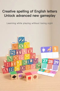 Macro detail of wooden alphabet blocks and number cards for cognitive skill learning