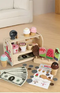 Detailed wooden ice cream shop set with scoops, cones, and play money for role play