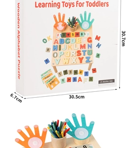 Close-up of educational wooden blocks with alphabet, numbers, and colorful counting sticks