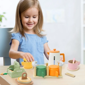 Kids wooden afternoon tea play set with colorful cups and organic tea box accessories