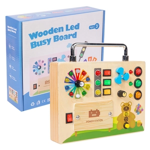 Wooden LED Busy Board educational toy with switches and lights for sensory motor skills