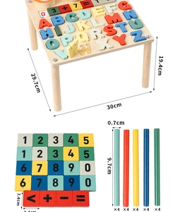 Detailed view of kids wooden learning table with alphabet blocks and counting sticks