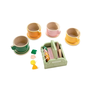 Kids wooden afternoon tea kitchen set with colorful cups and storage basket toys