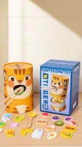 Detail of wooden tiger feeding toy set with spoons and colorful food pieces for toddlers