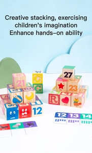 Educational wooden blocks set with colorful numbers, letters and animal patterns for kids