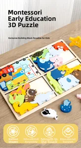 Detailed view of 3D wooden animal and vehicle puzzles for toddler skill development