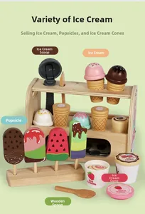 Detailed view of wooden ice cream set with scoops, popsicles, and cones on a display stand