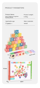 Macro detail of wooden alphabet blocks set including shapes and educational game cards