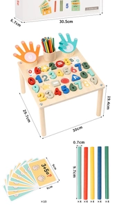 Detailed view of kids wooden math blocks set with colorful counting sticks and cards