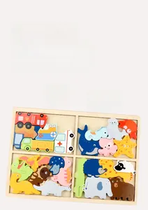 Detail of 4-in-1 wooden puzzle tray showing animal, dinosaur and vehicle themes